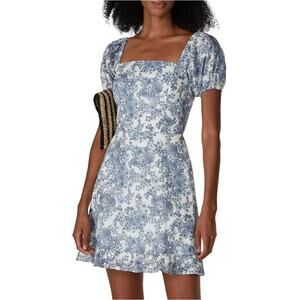 Louna Blue White Peasant Mini Dress LARGE Toile Cotton Cottage Party $175